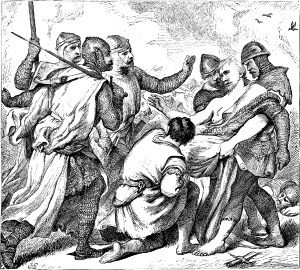 Пембрук. О, граф Мелен! Солсбери. Он ранен, умирает! Иллюстрация к пьесе Уильяма Шекспира «Король Иоанн». Художник Генри Кортни Селус, 1864-68 гг.