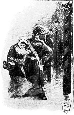 У Петровича есть жена, носит даже чепчик, а не платок; но красотою, как кажется, она не могла похвастаться; по крайней мере, при встрече с нею одни только гвардейские солдаты заглядывали ей под чепчик, моргнувши усом и испустивши какой-то особый голос. Иллюстрация к повести Н. В. Гоголя «Шинель». Художник Игорь Храбров, 1903 г.