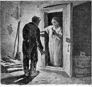 Хозяйка квартиры и Акакий Акакиевич. Иллюстрация к повести Гоголя «Шинель». Гравёр О. Ренар, 1902 г.