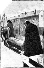 Акакия Акакиевича свезли и похоронили. И Петербург остался без Акакия Акакиевича, как будто бы в нем его и никогда не было. Иллюстрация к повести Н. В. Гоголя «Шинель». Художник Игорь Храбров, 1903 г.
