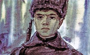 — Я не пойду домой, Чубук, это просто от неожиданности. А я красный, я сам ушел воевать... — Тут я запнулся и тихо, как бы извиняясь, добавил: — За светлое царство социализма. Иллюстрация к повести Аркадия Гайдара «Школа». Художник В. Шевченко, 1972