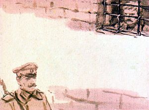 Я здесь на свободе... Я могу беспрепятственно ходить, где хочу... Подниму маузер и суну его через решетку. Солдаты придут ночью за Чубуком. Он выйдет на крыльцо и, пользуясь тем, что они будут считать его обезоруженным, сможет убить и того и другого... Иллюстрация к повести Аркадия Гайдара «Школа». Художник В. Шевченко, 1972