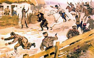 С гиканьем, с остервенелым свистом ворвалась в деревеньку наша продрогшая кавалерия с той стороны, откуда нас белые никак не могли ожидать. Иллюстрация к повести Аркадия Гайдара «Школа». Художник В. Шевченко, 1972