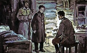 — Ну, как ты сюда попал? — спросил командир. Иллюстрация к повести Аркадия Гайдара «Школа». Художник В. Шевченко, 1972