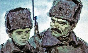 — Что... живы, брат, остались? Ничего, Бориска, парень ты ничего. Как это ты его за руку зубами тяпнул! Иллюстрация к повести Аркадия Гайдара «Школа». Художник В. Шевченко, 1972
