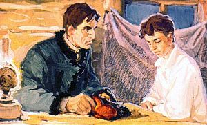 Ночью пришел ко мне Шебалов. Я рассказал ему начистоту, как было дело, сознался, что из чувства товарищества к Феде соврал тогда, когда меня спрашивали в первый раз, были мы или нет на Выселках. И тут же поклялся ему, что ничего не знал про Федькин самовольный поступок, когда повел он нас вместо Новоселова на Выселки. Иллюстрация к повести Аркадия Гайдара «Школа». Художник В. Шевченко, 1972