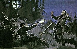Я видел, как внезапно перекосилось его лицо, слышал, как он крикнул, бросаясь на меня, и скорее машинально, чем по своей воле, нажал спуск... Иллюстрация к повести Аркадия Гайдара «Школа». Художник В. Шевченко, 1972