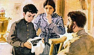 Я развернул сверток — там лежал небольшой маузер и запасная обойма... Иллюстрация к повести Аркадия Гайдара «Школа». Художник В. Шевченко, 1972
