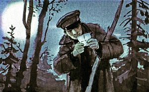 Мой спутник торопливо разглядывал при лунном свете вытащенный из кармана моих штанов документ. Иллюстрация к повести Аркадия Гайдара «Школа». Художник В. Шевченко, 1972