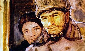 В дверях, с глазами, полными слез, стояла счастливая, смеющаяся мать, а рядом с нею — заросший щетиной, перепачканный в глине, промокший до нитки, самый дорогой для меня солдат — мой отец. Иллюстрация к повести Аркадия Гайдара «Школа». Художник В. Шевченко, 1972