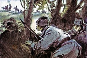 Целый час мы были под угрозой быть пойманными рассыпавшейся облавой. Все-таки вывернулись. Иллюстрация к повести Аркадия Гайдара «Школа». Художник В. Шевченко, 1972