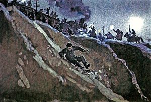 Один прыжок — и я уже катился вниз по скату скользкого глинистого оврага. Иллюстрация к повести Аркадия Гайдара «Школа». Художник В. Шевченко, 1972