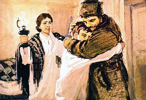 Один прыжок — и я уже был стиснут его крепкими, загрубелыми лапами. Иллюстрация к повести Аркадия Гайдара «Школа». Художник В. Шевченко, 1972