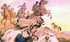 — Сюда! — заорал Федя, повертывая коня в лощину. Иллюстрация к повести Аркадия Гайдара «Школа». Художник В. Шевченко, 1972