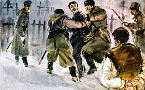 — Ничего, сынка! Прощай пока! Мать поцелуй и Танюшку. Да не горюй очень: время, брат, идет... веселое! Иллюстрация к повести Аркадия Гайдара «Школа». Художник В. Шевченко, 1972