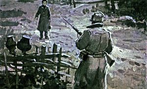 — Кого черт несет? Эй, хлопец! Да стой же ты, балда этакая! Иллюстрация к повести Аркадия Гайдара «Школа». Художник В. Шевченко, 1972