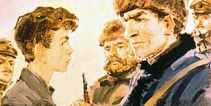 — Что же, — сказал Шебалов, опираясь на потемневший и поцарапанный в походах палаш, — слов нету, жалко Чубука. Был Чубук первый красноармеец, лучший боец и товарищ. Что и говорить... Большую оплошку сделал ты, парень... Иллюстрация к повести Аркадия Гайдара «Школа». Художник В. Шевченко, 1972