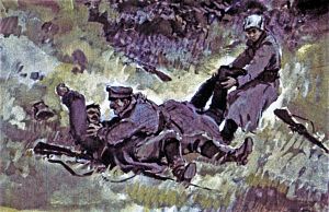 Вместо того, чтобы сшибить врага ударом приклада, я растерялся, бросил винтовку и потащил его за ноги, но он был тяжел и отпихнул меня. Иллюстрация к повести Аркадия Гайдара «Школа». Художник В. Шевченко, 1972