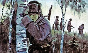 Взглянув на белого и на Чубука, я понял, зачем сюда привели пленного; с трудом отдирая ноги, побежал в сторону и остановился, крепко ухватившись за ствол молодой березки. Иллюстрация к повести Аркадия Гайдара «Школа». Художник В. Шевченко, 1972