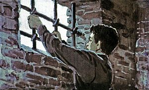 Неужели никак нельзя спастись? И так нелепо попался! Может быть, можно бежать? Нет, бежать нельзя. Иллюстрация к повести Аркадия Гайдара «Школа». Художник В. Шевченко, 1972