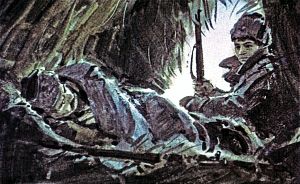 — Теперь караулить друг друга надо, — сказал он. — Я уже давно возле тебя сижу. Теперь прилягу маленько, а ты посторожи... Иллюстрация к повести Аркадия Гайдара «Школа». Художник В. Шевченко, 1972