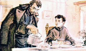 Руки у Галки были худые и длинные. Заваривая чай, он говорил быстро, то и дело улыбаясь. Иллюстрация к повести Аркадия Гайдара «Школа». Художник В. Шевченко, 1972