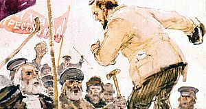 — Граждане великой свободной России! От имени партии социалистов-революционеров передаю вам пламенный привет... Иллюстрация к повести Аркадия Гайдара «Школа». Художник В. Шевченко, 1972