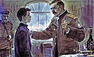— Знавал я твоего отца, — сказал капитан. — Давненько только, в седьмом году на маневрах в Озерках у вас был. Иллюстрация к повести Аркадия Гайдара «Школа». Художник В. Шевченко, 1972
