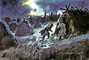 Ночевали мы в сенокосном шалаше. В ночь ударила буря, хлынул дождь, а мы были рады. Иллюстрация к повести Аркадия Гайдара «Школа». Художник В. Шевченко, 1972