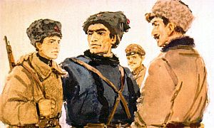 — Ты, Федор, смотри... не спорть у меня парня! Ты не вихляй глазами-то, серьезно я тебе говорю! Иллюстрация к повести Аркадия Гайдара «Школа». Художник В. Шевченко, 1972