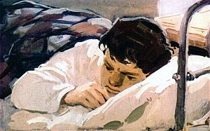 Долго я не мог уснуть. Ворочался с боку на бок, пробовал считать до пятидесяти, до ста — сон не приходил. В голове у меня образовался какой-то хаос... Иллюстрация к повести Аркадия Гайдара «Школа». Художник В. Шевченко, 1972