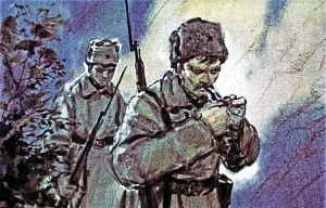 Мы шли молча. Мне казалось, что Чубук сердится и презирает меня за то, что я, испугавшись, выронил винтовку и по-мальчишески нелепо укусил солдата за палец, что у меня дрожали руки, когда взваливали пленника на лошадь, и главное за то, что я растерялся и не сумел даже бросить бомбу. Иллюстрация к повести Аркадия Гайдара «Школа». Художник В. Шевченко, 1972