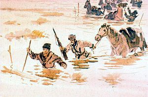 Вода дошла до пояса... Иллюстрация к повести Аркадия Гайдара «Школа». Художник В. Шевченко, 1972