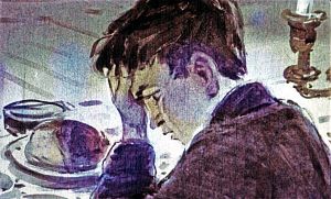Вареник захолодел в моем полураскрытом рту и плюхнулся обратно в миску. По голосу в пленном я узнал Чубука. Иллюстрация к повести Аркадия Гайдара «Школа». Художник В. Шевченко, 1972