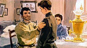 — Борька, со дня на день к вам могут нагрянуть гости. Спрячь подальше игрушку, которую я тебе прислал. Держись крепче! Ты у меня вон уже какой взрослый. Если тебе будут в школе неприятности из-за меня, плюнь на все и не бойся ничего, следи внимательней за всем, что происходит вокруг, и ты поймешь тогда, о чем я тебе говорил. Иллюстрация к повести Аркадия Гайдара «Школа». Художник В. Шевченко, 1972