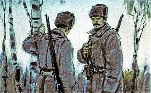 — Мальчик, — сказал мне Чубук строго и в то же время с оттенком легкого сожаления, — если ты думаешь, что война — это вроде игры али прогулки по красивым местам, то лучше уходи обратно домой! Иллюстрация к повести Аркадия Гайдара «Школа». Художник В. Шевченко, 1972