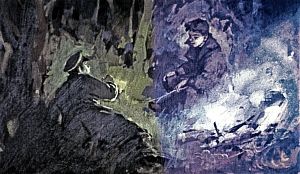 Уплетая разорванного на части, обгоревшего и пахнувшего дымом гуся, мы долго и дружески болтали с ним. Я был счастлив, что нашел себе товарища. Прибавилось сразу бодрости, и казалось, что теперь вдвоем нетрудно будет выкрутиться из ловушки, в которую мы оба попали. Иллюстрация к повести Аркадия Гайдара «Школа». Художник В. Шевченко, 1972