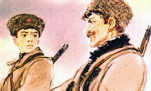 — Послал, да не туда. Он в Новоселово послал Галду там дожидаться. А я взял да и завернул на Выселки. Пусть не собачится за вчерашнее. Ну, да ему теперь крыть нечем. Раз мы и пленных и пулемет захватили, то ему ругаться уж не приходится. Иллюстрация к повести Аркадия Гайдара «Школа». Художник В. Шевченко, 1972