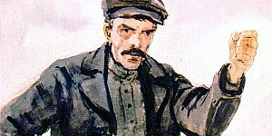 — А вот как мы, большевики, по-простому говорим: неча нам ждать Учредительного, а давай землю сейчас, чтобы никакого обсуждения не было, никакой оттяжки и никакого выкупа! Хватит... выкупили. Иллюстрация к повести Аркадия Гайдара «Школа». Художник В. Шевченко, 1972