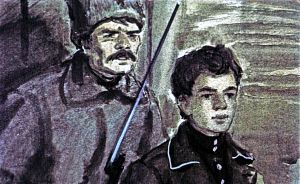 — А мы зачислим его в первую роту, и пускай ему Сухарев даст винтовку, которая осталась от убитого Пашки, — подсказал Чубук. Иллюстрация к повести Аркадия Гайдара «Школа». Художник В. Шевченко, 1972