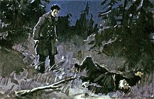 Он лежал в двух шагах от меня со сжатыми кулаками, вытянутыми в мою сторону. Дубинка валялась рядом. Иллюстрация к повести Аркадия Гайдара «Школа». Художник В. Шевченко, 1972