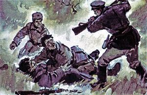 Вдруг кусты с шумом раздвинулись, появился до пояса мокрый Васька и четким учебным приемом на скаку сбил солдата прикладом. Иллюстрация к повести Аркадия Гайдара «Школа». Художник В. Шевченко, 1972