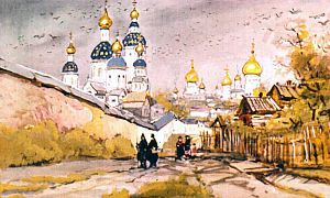 Городок наш Арзамас был тихий, весь в садах, огороженных ветхими заборами... Иллюстрация к повести Аркадия Гайдара «Школа». Художник В. Шевченко, 1972