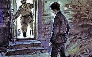 «Ваальд Юрий!» — ужаснулся я, вспомнив про бумаги, которые нашел в подкладке и о которых позабыл среди волнений последнего времени. Выбора у меня не было. Я встал и нетвердо направился к двери. Иллюстрация к повести Аркадия Гайдара «Школа». Художник В. Шевченко, 1972