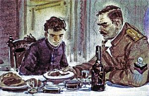 Покушайте, отдохните, а тогда будем решать, как и куда вас пристроить. Иллюстрация к повести Аркадия Гайдара «Школа». Художник В. Шевченко, 1972