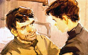 — Я и сейчас не трус, — улыбнулся он. — Здесь я еще в большей опасности, чем на фронте. Иллюстрация к повести Аркадия Гайдара «Школа». Художник В. Шевченко, 1972