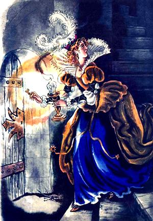 Перед дверью в каморку. Иллюстрация Т.Добровольской и Н.Лебедева к сказке Шарля Перро «Синяя Борода»
