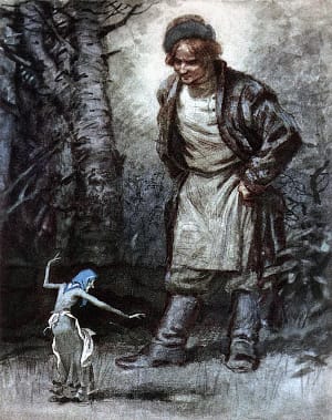 Илья и бабка Синюшка. Иллюстрация к сказу П. П. Бажова «Синюшкин колодец». Художник Коровин Олег Дмитриевич, 1961