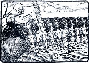 Баба-яга пригнала к реке своих быков, и они выпили всю воду дочиста. Иллюстрация к русской народной сказке «Баба-Яга». Издание 1916 г.