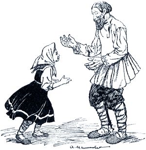 Немного погодя, девочка, запыхавшись, прибегает домой и на расспросы отца рассказывает ему все, как было, и как баба-яга ее съесть хотела. Иллюстрация к русской народной сказке «Баба-Яга». Издание 1916 г.
